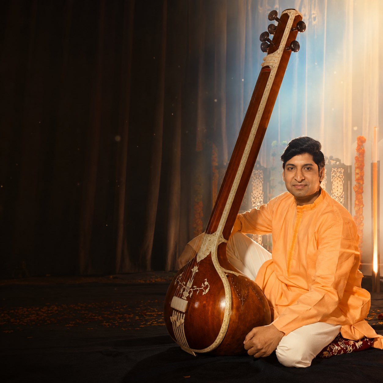 Dr. Koustubh Pare seated with a tanpura on a warmly lit stage